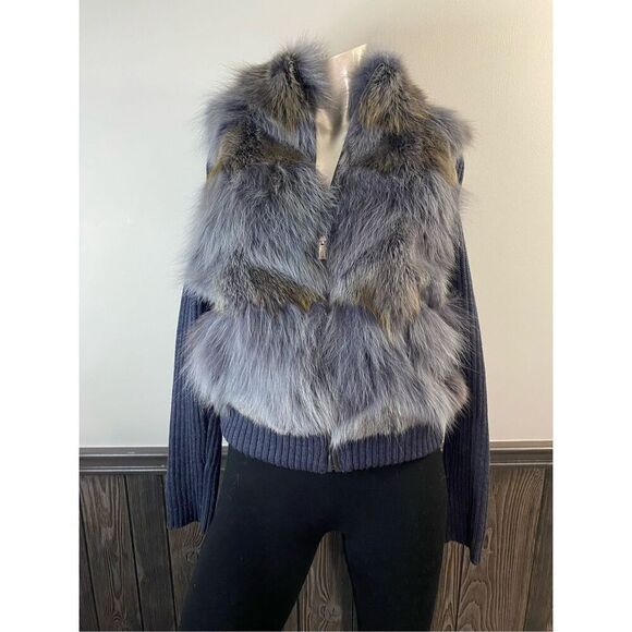 Medium, Seoul collection slate blue, gray coyote fur vest, jacket. Like new! - Picture 1 of 10